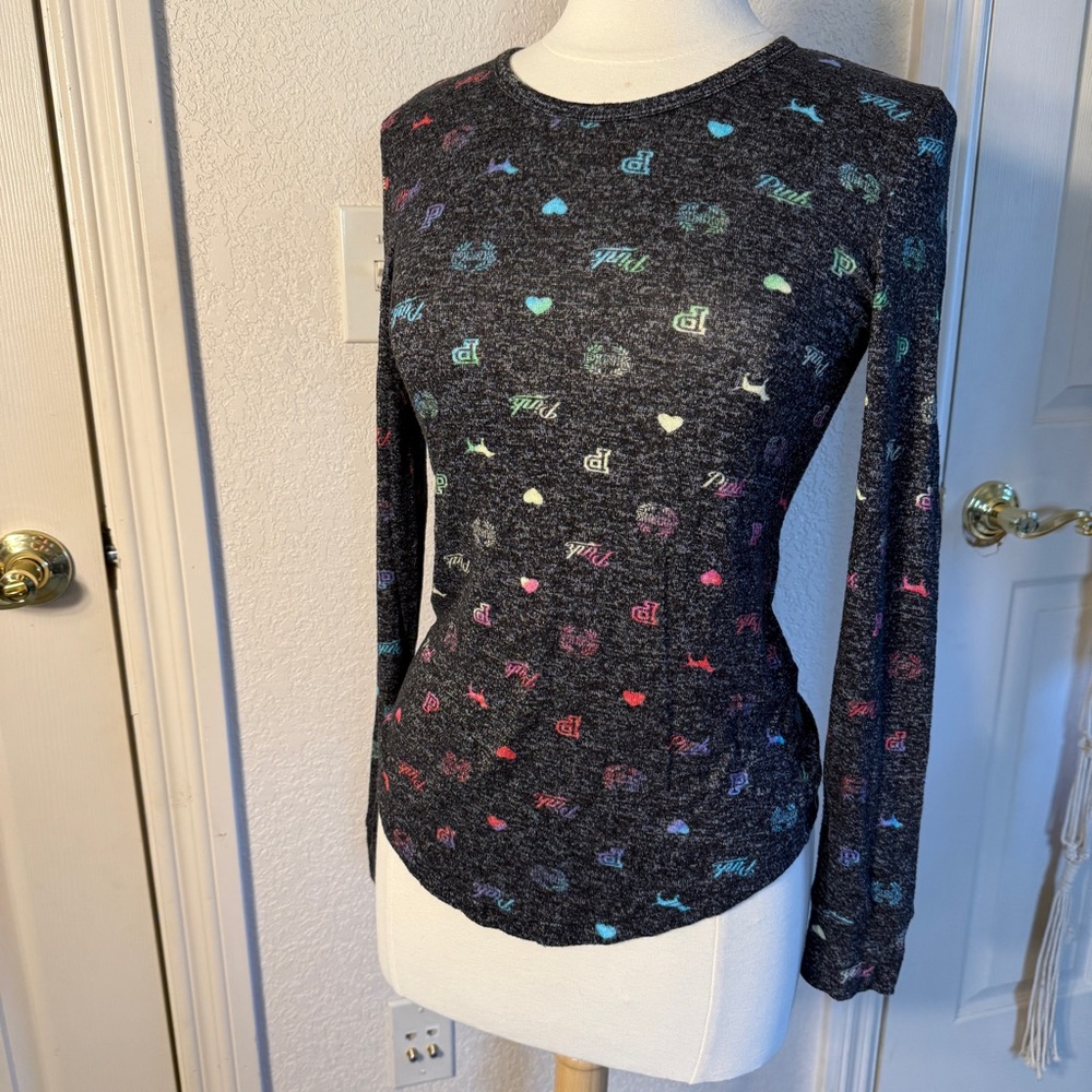 PINK Victoria's Secret Dark Gray Long Sleeve Top with Multicolor Accents
